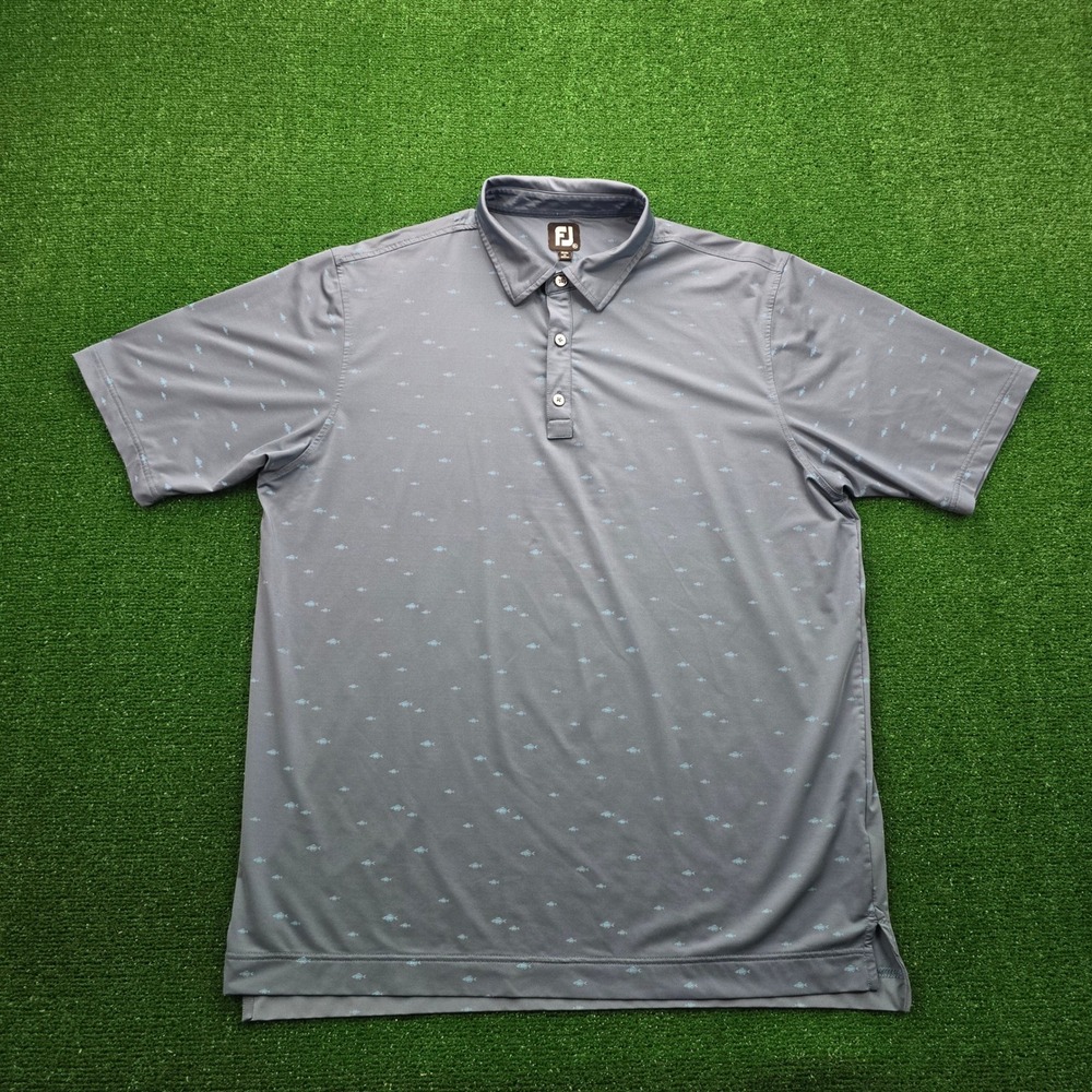 Footjoy Polo Shirt Mens XL Blue Teal‎ Fish Print Short Sleeve Golf Performance